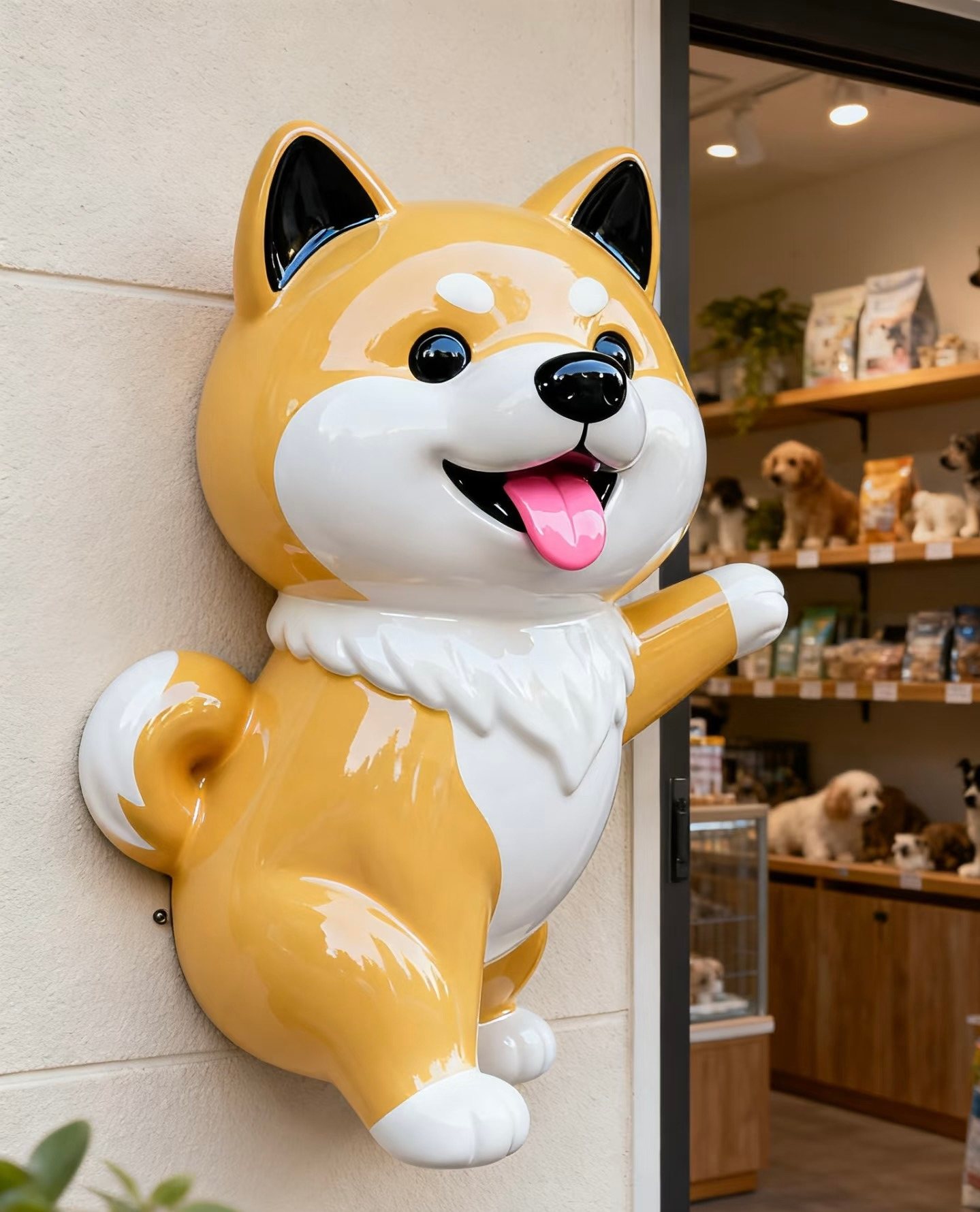 Completed golden Shiba dog character sculpture mounted beside a pet-store entrance.