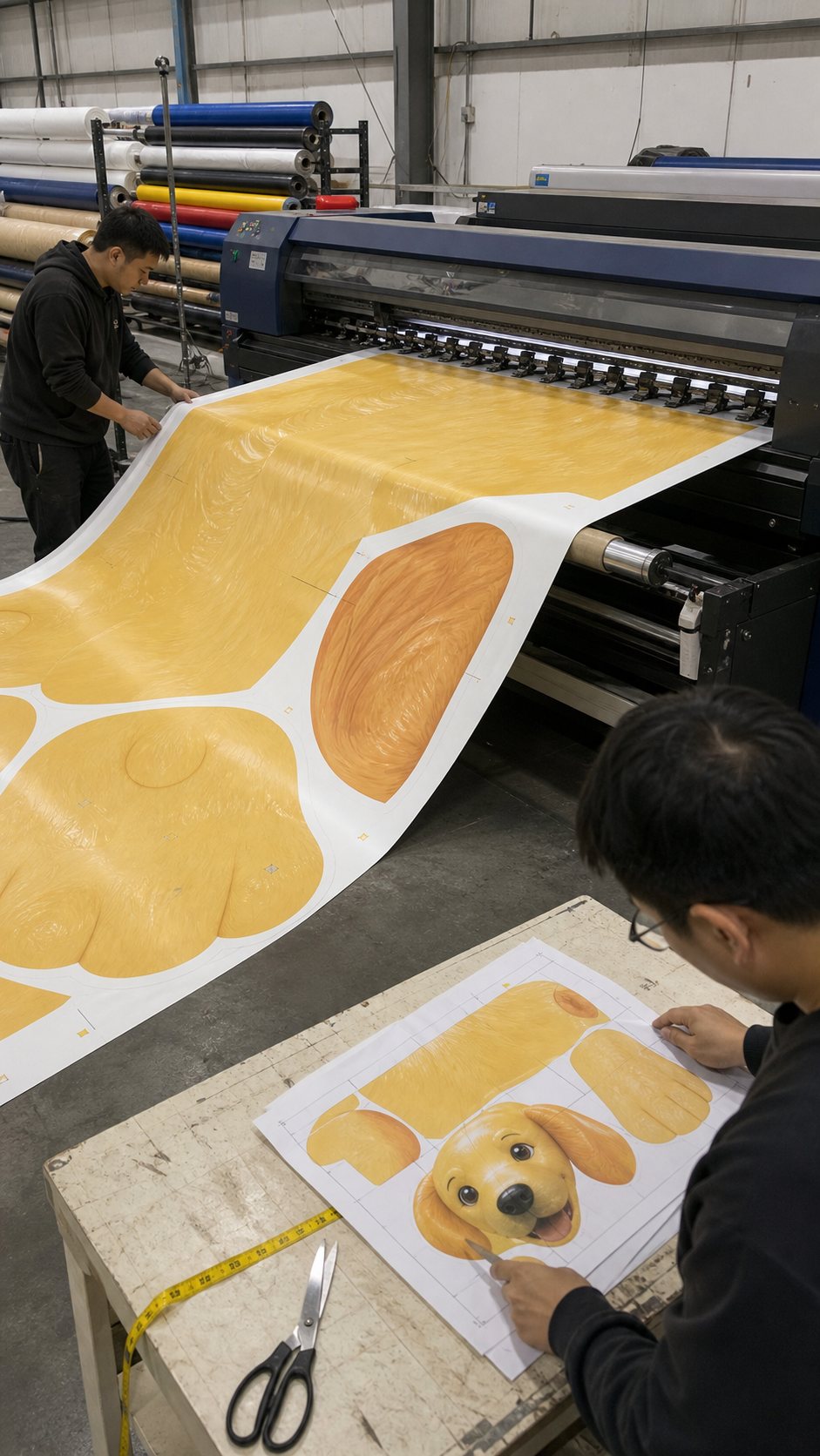AI-generated process illustration of artwork being prepared and printed as full-size inflatable panels.