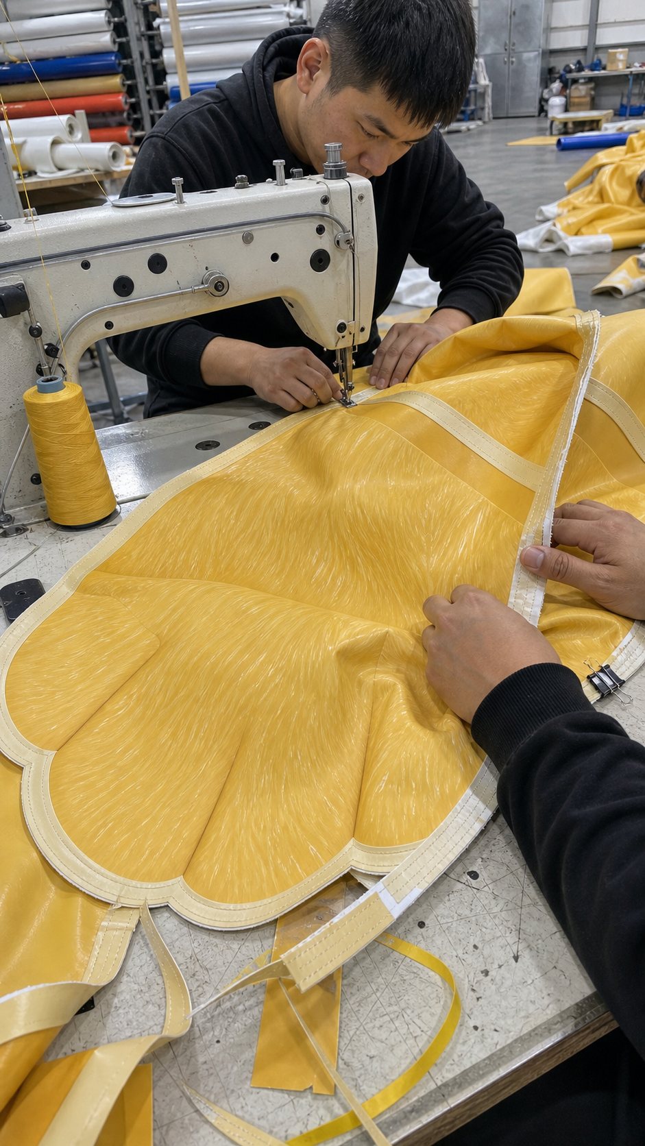 AI-generated process illustration of printed inflatable panels being sewn and reinforced.